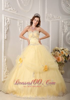 Beautiful Light Yellow Quinceanera Dress Sweetheart Organza Appliques Ball Gowns Pretty