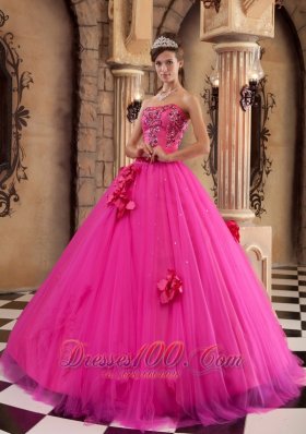 Luxurious Hot Pink Quinceanera Dress Strapless Satin and Tulle Beading Ball Gown Pretty