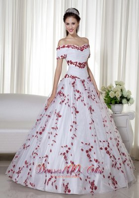 White and Red Ball Gown Off The Shoulder Floor-length Taffeta and Organza Embroidery Quinceanera Dress Pretty