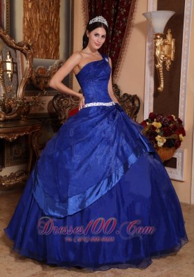Cheap To Seller Royal Blue Quinceanera Dress One Shoulder Organza Beading Ball Gown