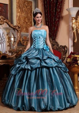 Cheap Blue Ball Gown Strapless Floor-length Taffeta Hand Made Flower Quinceanera Dress