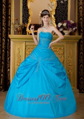 Blue Ball Gown Strapless Floor-length Appliques Taffeta Quinceanera Dress  for Sweet 16