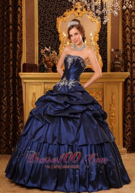 Remarkable Ball Gown Strapless Floor-length Appliques Taffeta Navy Blue Quinceanera Dress  for Sweet 16