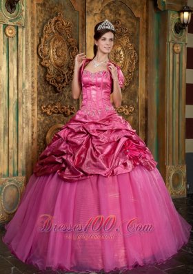 Hot Pink Ball Gown Sweetheart Floor-length Taffeta and Organza Appliques Quinceanera Dress  for Sweet 16