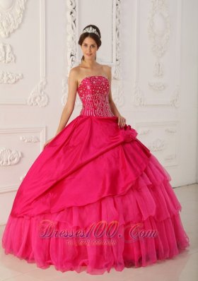 Lovely Hot Pink Quinceanera Dress Strapless Organza and Taffeta Beading Ball Gown  for Sweet 16