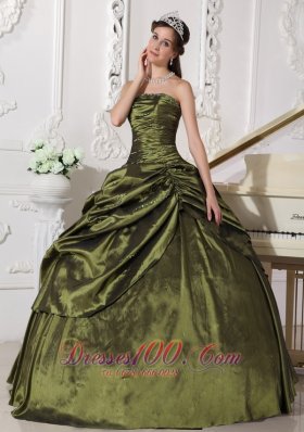 Olive Green Ball Gown Strapless Floor-length Taffeta Beading Quinceanera Dress  for Sweet 16
