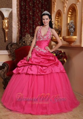 Romantic Hot Pink Quinceanera Dress Halter Taffeta Appliques Ball Gown  for Sweet 16