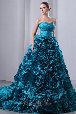 Teal A-Line / Princess Sweetheart Ruch and Hand Made Flowers Quinceanea Dress Brush Train Taffeta  for Sweet 16