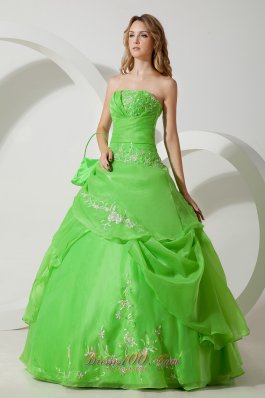 Spring Green Sweet 16 Dress Embroidery Ball Gown Strapless Floor-length Organza For Sweet 16