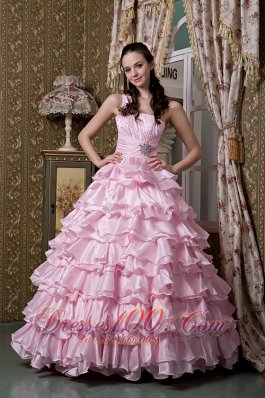 New Baby Pink A-line One Shoulder 15 Quinceanea Dress Elastic Woven Satin Beading Ruffled Layers Floor-length  for Sweet 16