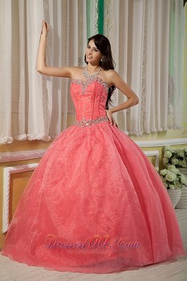 Sexy Watermelon Ball Gown 15 Quinceanera Dress Sweetheart Organza Beading Floor-length  for Sweet 16