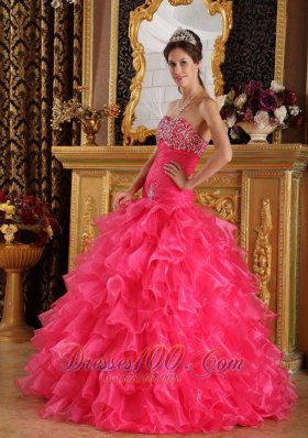 Hot Pink Exclusive Quinceanera Dress Sweetheart Organza Beading Ball Gown