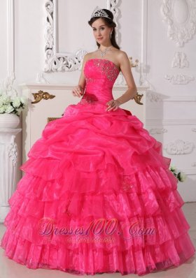 New Arrival Hot Pink Quinceanera Dress Strapless Organza Appliques Ball Gown