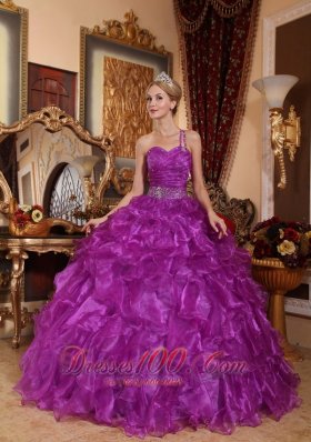 Puffy Low Price Purple Quinceanera Dress One Shoulder Organza Beading Ball Gown