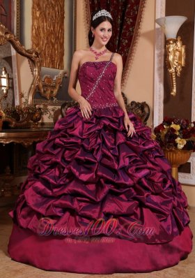 Puffy Best Burgundy Quinceanera Dress One Shoulder Taffeta Pick-ups Ball Gown