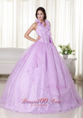 Puffy Lavender Ball Gown Halter Floor-length Organza Embroidery and Beading Quinceanera Dress