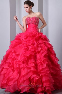 Puffy Hot Pink A-Line / Princess Sweetheart Beading and Ruffles Quinceanea Dress Floor-length Organza