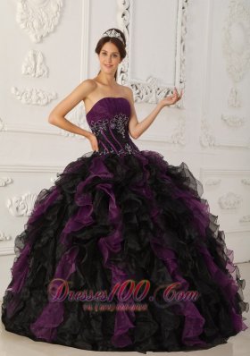 2013 Brand New Purple and Black Quinceanera Dress Strapless Taffeta and Organza Beading Ball Gown
