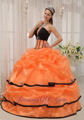 2013 Pretty Orange and Black Quinceanera Dress Strapless Satin and Organza Beading Ball Gown
