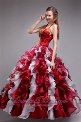 2013 Cheap Wine Red Quinceanera Dress Halter Organza Applqiues and Ruffles Ball Gown