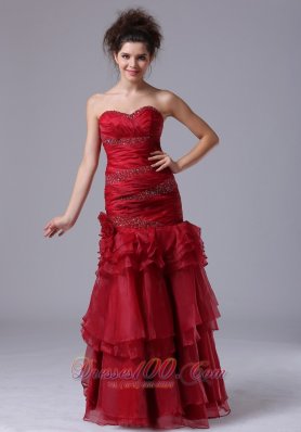 Best Mermaid Ruffles Wine Red Sweetheart Organza 2013 Prom Dress With Beading