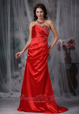 Best Red Column Sweetheart Brush Train Taffeta Beading Prom Dress