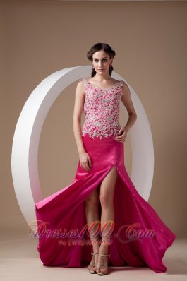 Best Sweet Fuchsia Column Evening Dress Scoop Elastic Woven Satin Appliques Brush Train