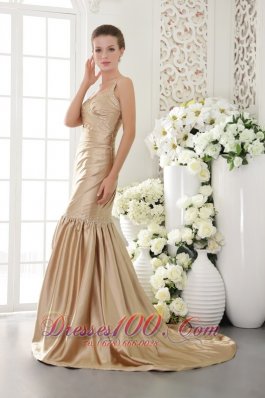 Best Champagne Mermaid Straps Brush Train Taffeta Beading Prom / Evening Dress