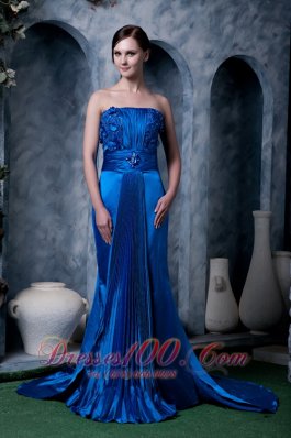 Best Unique Royal Blue Column Prom Dress Strapless Appliques With Beading Watteau Train Silk Like Satin