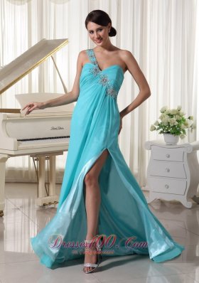 On Sale Beaded One Shoulder Aqua Blue Prom Dress With High Slit Brush Train Chiffon