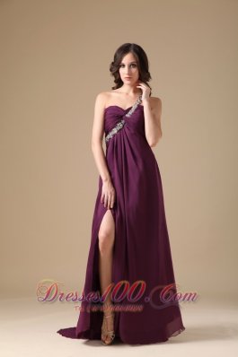 On Sale Elegant Dark Purple Empire One Shoulder Prom Dress Chiffon Beading