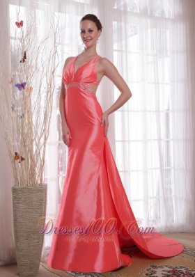 On Sale Watermelon Column / Sheath Straps Watteau Train Beading Elastic Woven Satin Prom / Party Dress