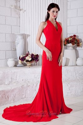 On Sale Red Empire Halter Prom / Evening Dress Brush Train Chiffon