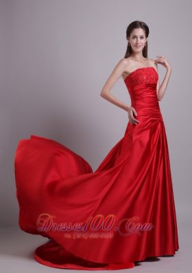 On Sale Red Empire Strapless Court Train Taffeta Beading and Ruch Prom/Evening Dress