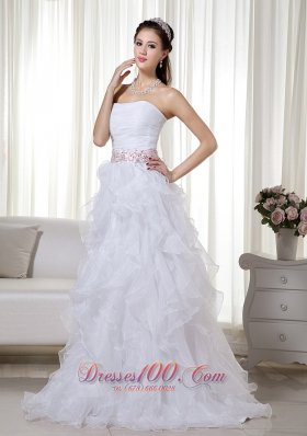 2013 White A-line / Princess Stapless Brush Train Organza Beading Prom Dress