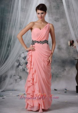 2013 Spencer Iowa Beaded Decorate Wasit Ruched Decorate One Shoulder Light Pink Chiffon Floor-length For 2013 Prom / Evening Dress
