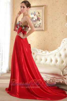 2013 Red Column / Sheath Sweetheart Court Train Taffeta Beading and Bow Prom / Evening Dress