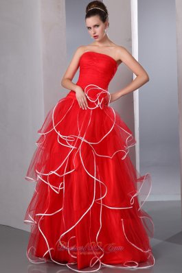 2013 2013 Red Strapless Ruffled Prom Dress with white hem