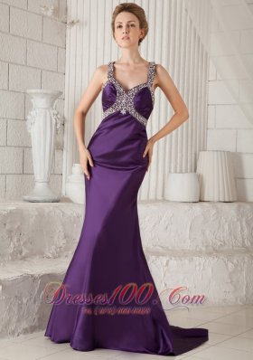 2013 Eggplant Purple Mermaid Straps Brush Train Taffeta Beading Prom Dress