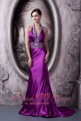 2013 Affordable Eggplant Purple Evening Dress Column Halter Silk Like Satin Beading and Appliques Brush Train