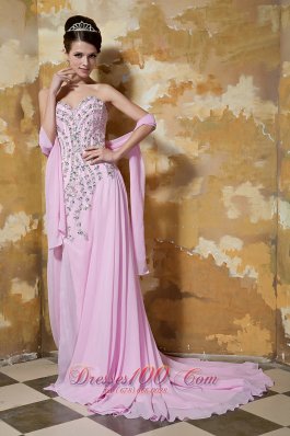 2013 Rose Pink Empire Sweetheart Brush Train Chiffon Beading Prom Dress