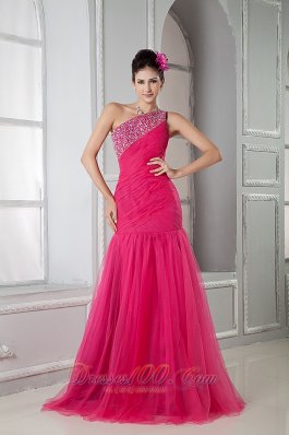 2013 Latest Hot Pink Mermaid Prom Dress One Shoulder Beading Floor-length Tulle