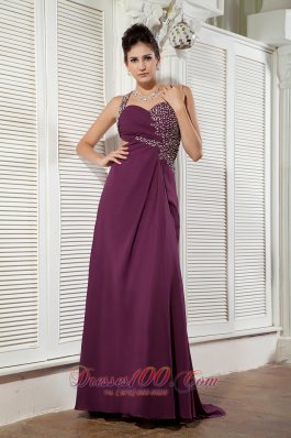 2013 Dark Purple Empire Evening Dress One Shoulder Chiffon Beading Brush Train