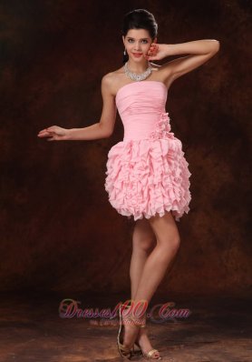 Pink Chiffon Ruffles And Hand Made Flowers Strapless Sweet 2013 Prom Gowns For Custom Made In Dauphin Island Alabama