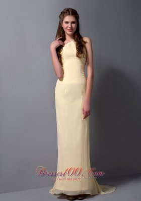 Light Yellow Column Halter Brush Train Chiffon Prom Dress