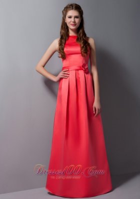 Coral Red ColumnHigh Neck Floor-length Taffeta Sash Prom Dress