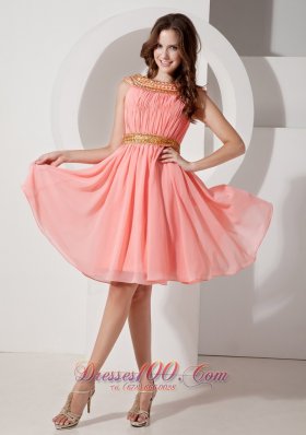 Watermelon A-line Bateau Knee-length Chiffon Beading Prom Dress