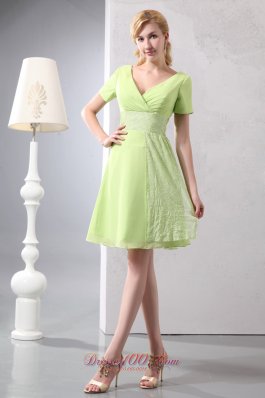 Yellow Green Empire V-neck Mini-length Chiffon and Sequin Prom Dress