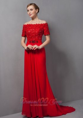 Custom Made Red Column Mother Of The Bride Dress Off The Shoulder Appliques Brush Train Chiffon