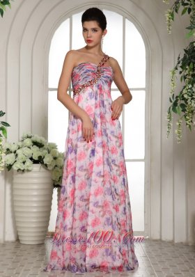 Beaded Decorate One Shoulder Printing Chiffon Celebrity Prom Dress For Custom Made